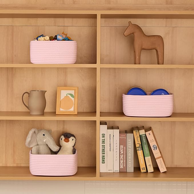 Small Square Shallow Baskets for Organizing, 9.7x9.7x4.3 Inch Rope Woven Storage Bins for Cubes Closet, Shelves Storage, Boho Decorative Basket, 2 Packs Light Pink