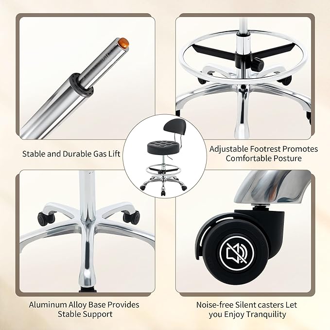 Salon Stool with Back Support (Sturdy Aluminum Base) (Lash Chair with Quiet Wheels and Foot Rest) Black Leather Vanity Chair (Black)