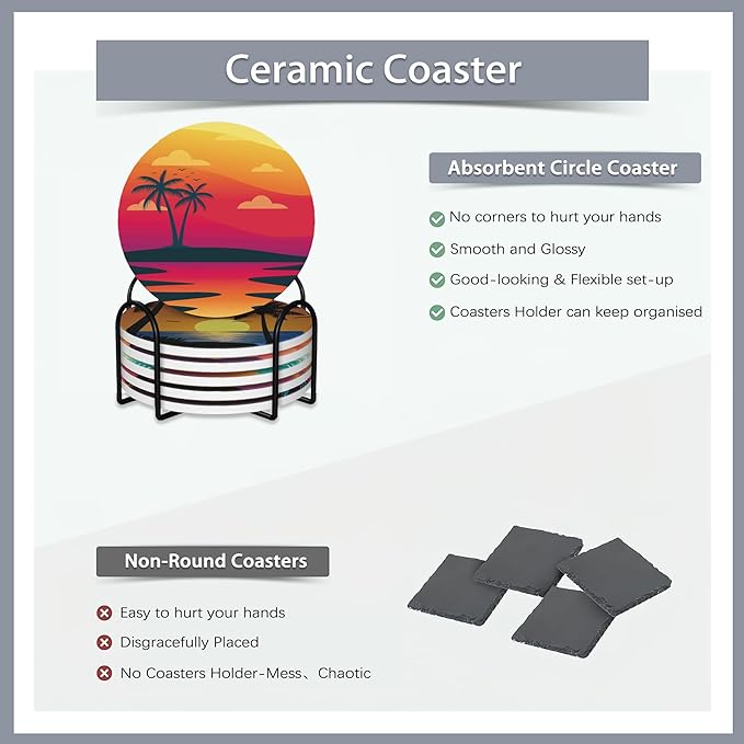 Drink Coasters Set of 6 with Holder,Beach Palm Trees Sunset Landscape Absorbent Ceramic Coasters with Cork Base,Fit All Cups,Tabletop Protection Mat for Mugs and Cups,Office,Kitchen