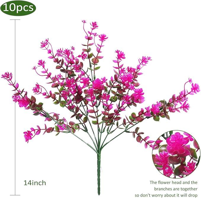 Boxwood Springs, Artificial Flowers Fake Outdoor UV Resistant Boxwood Plants Shrubs 10 Packs, Faux Plastic Greenery for Hanging Planter Home Office Wedding Farmhouse Indoor Outside Decor(Fuchsia)
