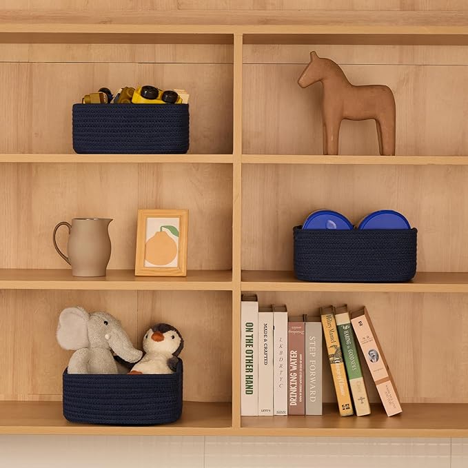 Small Square Shallow Baskets for Organizing, 9.7x9.7x4.3 Inch Rope Woven Storage Bins for Cubes Closet, Shelves Storage, Boho Decorative Basket, 2 Packs Navy Blue