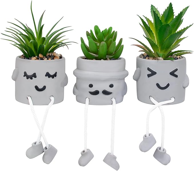 Small Fake Plants Faux Succulents in Grey Pots with Hanging Leg Potted Mini Fake Plants for Office Desk Decor Cute Artificial Succulent Plants for Home Office Desk Decor and Gift Choice - Set of 3
