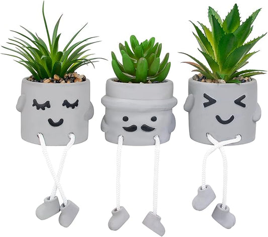 Small Fake Plants Faux Succulents in Grey Pots with Hanging Leg Potted Mini Fake Plants for Office Desk Decor Cute Artificial Succulent Plants for Home Office Desk Decor and Gift Choice - Set of 3