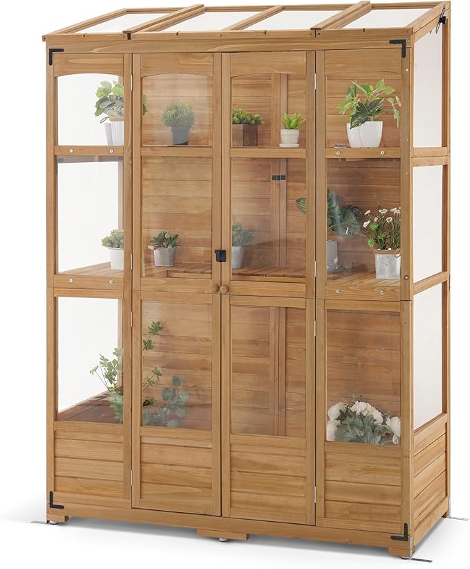 MCombo Wooden Greenhouse, Walk-in Outdoor Greenhouse with Openable Roof and Lockable Door, 0899 (Natural)