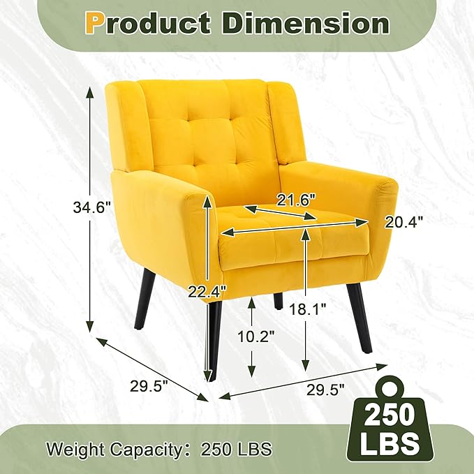 NicBex Modern Accent Chair for Living Room Upholstered Foam Filled Living Room Chairs with Metal Legs Velvet Cozy Lounge Armchair for Living Room Bedroom,Yellow