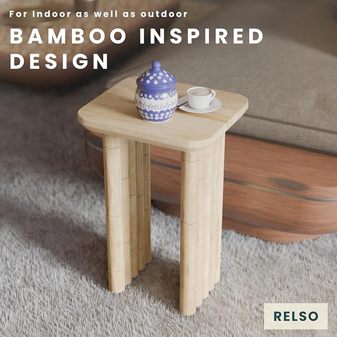Bambos End Table | Sold Mango Wood Bedside Table, Natural Finish Side Table for Living Room, Bedroom, Entryway | Handcrafted Nightstand, Easy Assembly, Bamboo Inspired Legs, Compact, Boho Accent Table
