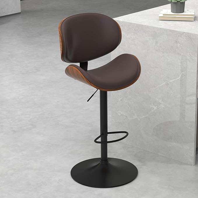 civama Bar Stools 1 PC for Kitchen Counter, Adjustable Bar Height Chairs, Modern Swivel Barstools with Bentwood Seat and Back with Footrest for Kitchen Island, Dining Room, Brown PU Leather