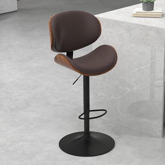 civama Bar Stools 1 PC for Kitchen Counter, Adjustable Bar Height Chairs, Modern Swivel Barstools with Bentwood Seat and Back with Footrest for Kitchen Island, Dining Room, Brown PU Leather