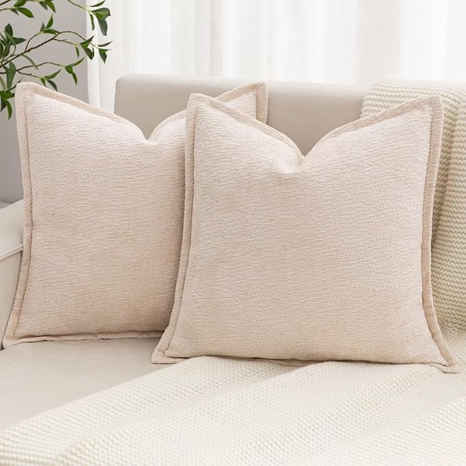 Beige Decorative Throw Pillow Covers 24x24 Inch Set of 2 Cozy Soild Chenille Cushion Cases Soft Textured Square Couch Pillows Cover Boho Accent Farmhouse Pillowcases for Sofa Bed