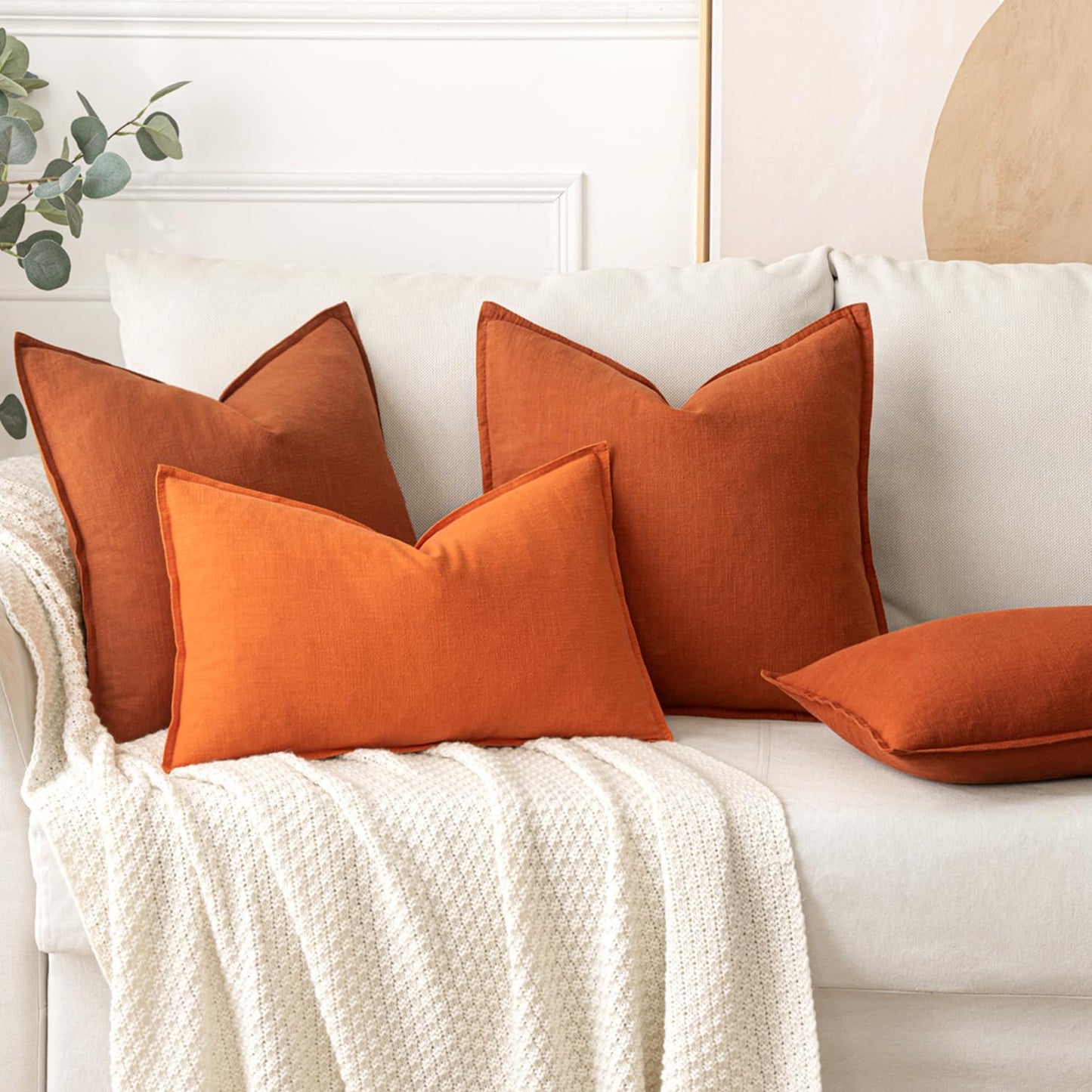 MIULEE Fall Decorative Linen Pillow Covers 18x18 Inch Orange Boho Farmhouse Neutral Couch Throw Pillows for Bed Pack of 2 Accent Modern Pillowcase Summer Sofa Livingroom Home Decor
