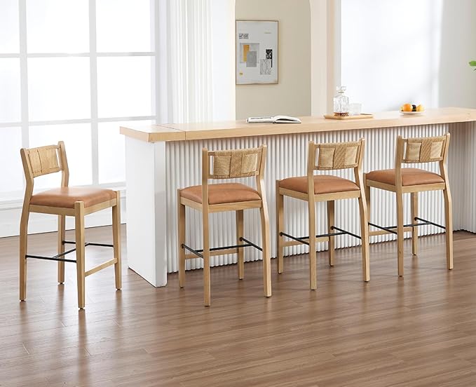 CIMOTA Rattan Counter Height Bar Stools Set of 4, 26" Farmhouse Barstools with Woven Backs, Boho Wood Bar Chairs Leather Upholstered Counter Stools for Kitchen Island/Counter/Bar, PU Brown