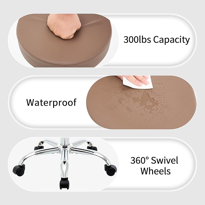 Adjustable Office Stool with Wheels 19.5"-26.6", Brown Thick Cushion Backless Rolling Chair (Coffee Brown)