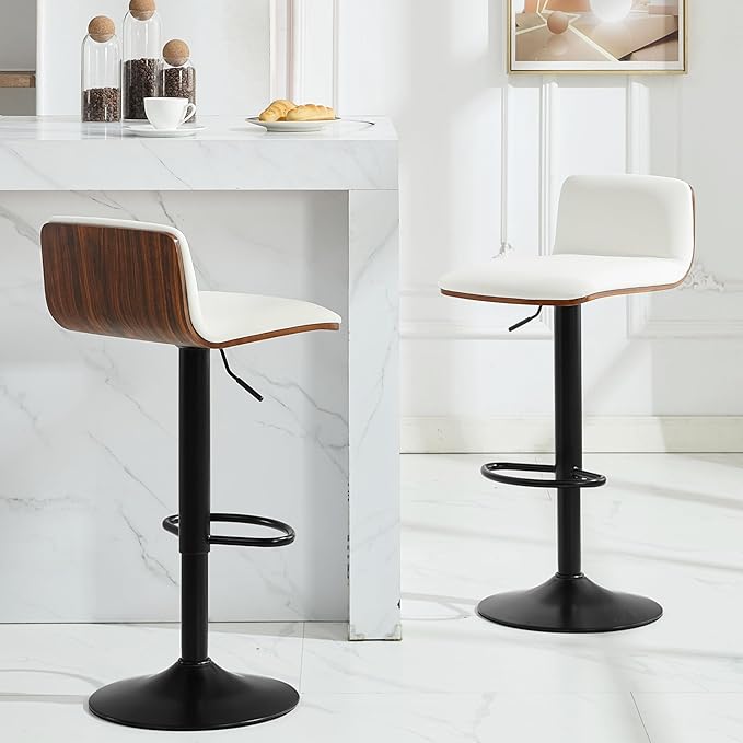 Set of 4 Swivel Bar Stools Adjustable Height, Faux Leather Barstools with Wooden Back and Footrest, Counter Height Bar Height Chairs for Kitchen Island, Dining Room, White