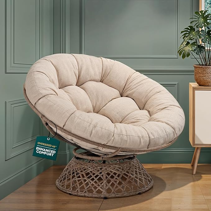Bme 46" Large Size Ergonomic Wicker Papasan Chair with Soft Thick Density Fabric Cushion, Bee-Designed Base, High Capacity Steel Frame, 360 Degree Swivel for Living, Bedroom,...