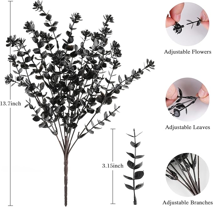 AmyHomie 20 Bundles Black Eucalyptus Artificial Flowers for Outdoor UV Resistant Faux Flowers No Fade Fake Plastic Plants Garden Porch Window Box Decorating