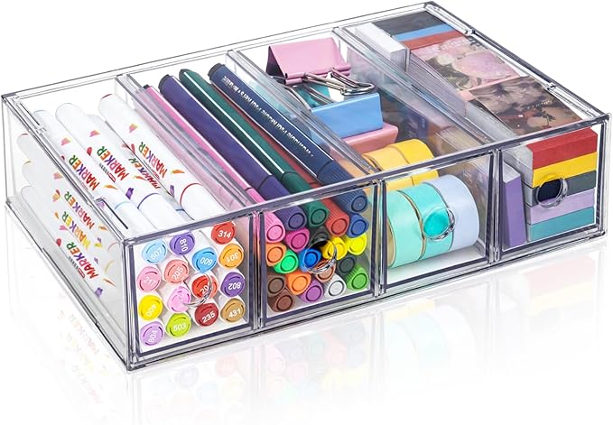 Desk Organizer with 4 Drawers, FODIENS Stackable Desktop Storage Box with Removable Drawer, Clear Sunglasses Organizer Display Case for Stationery Marker Pens Eyeglasses Office Supply