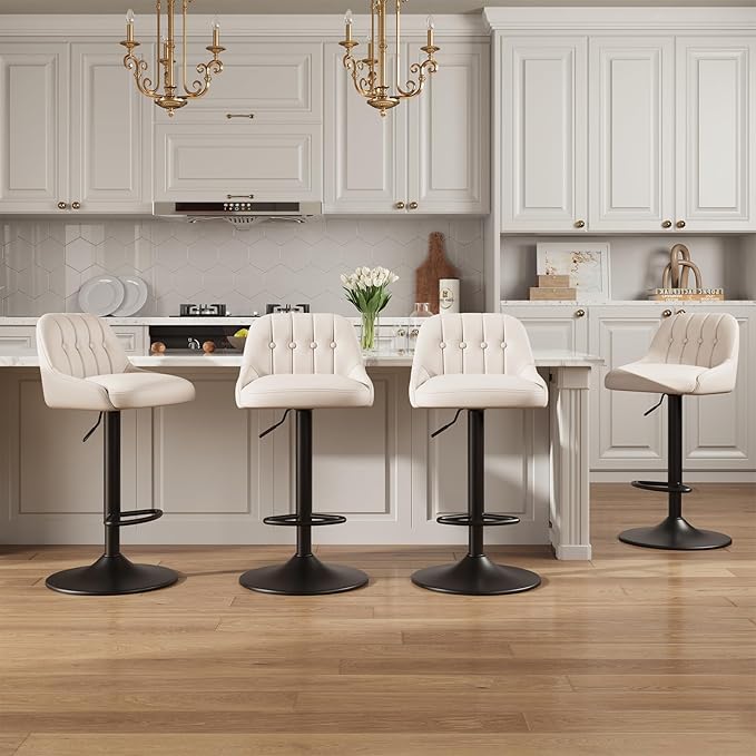 Bar Stools Set of 4, Swivel Bar Chairs, Modern Adjustable PU Leather Upholstered Barstools Counter Height with Tufted Back for Bar, Kitchen Counter Island, Dining Room, Beige