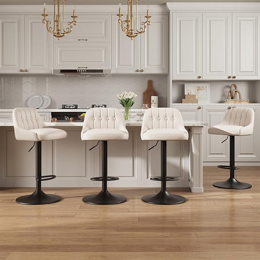 Bar Stools Set of 4, Swivel Bar Chairs, Modern Adjustable PU Leather Upholstered Barstools Counter Height with Tufted Back for Bar, Kitchen Counter Island, Dining Room, Beige