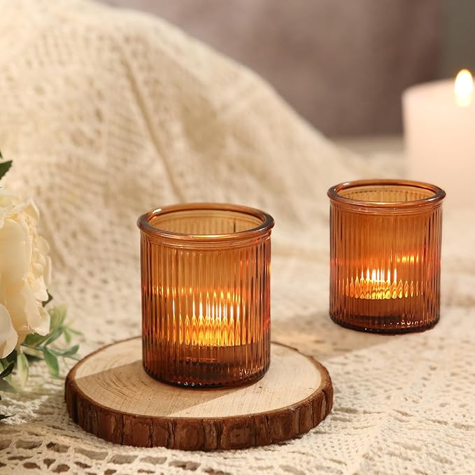 36pcs Amber Votive Candle Holders - Fall Decor, Ribbed Glass Tea Light Candle Holder, Candle Votives for Wedding Centerpiece & Home Decor