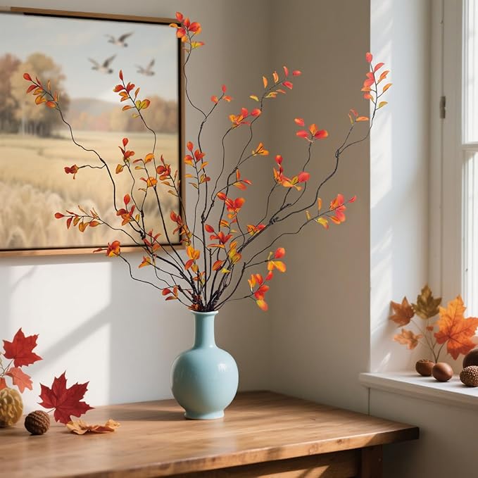 4 Pcs Fall Stems Artificial Ficus Branches, 47.2 Inch Faux Eucalyptus Stems Fall Decor, Fake Leaves Fall Decorations for Home, Autumn Table Decor Fall Branches for Vase Filler Centerpieces