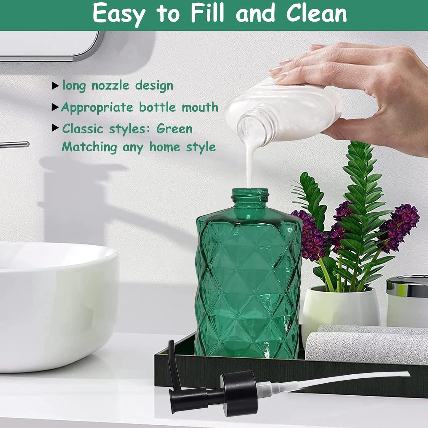 Green Bathroom Soap Dispenser Set with Black Plastic Pump, 12oz Glass Lotion Dispenser, Crystal Hand Soap Dispenser for Modern Home Decor, Kitchen Countertop, Hotel