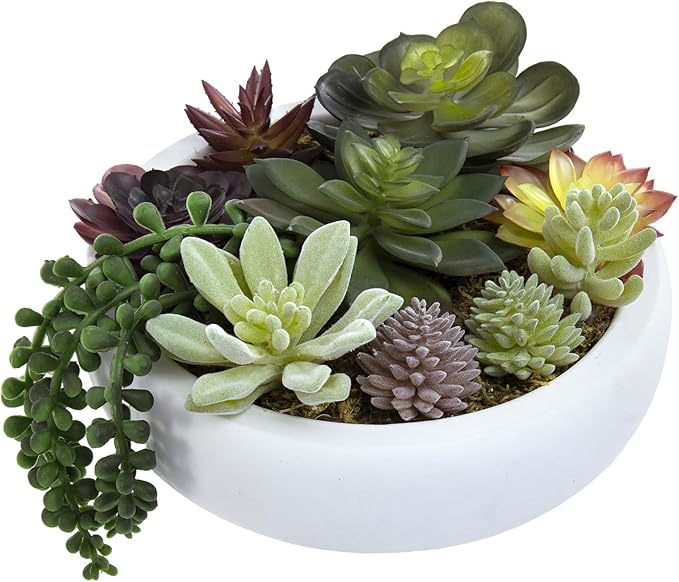 MyGift 8 Inch Round Modern Artificial Succulent Arrangement Potted in White Concrete Plant Bowl, Assorted Faux Mini Succulents in a Decorative Planter Pot
