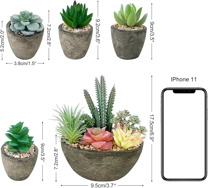 Succulents Plants Artificial Set of 5, Realistic Fake Succulents with Cement Like Pots for Home Office Decoration.