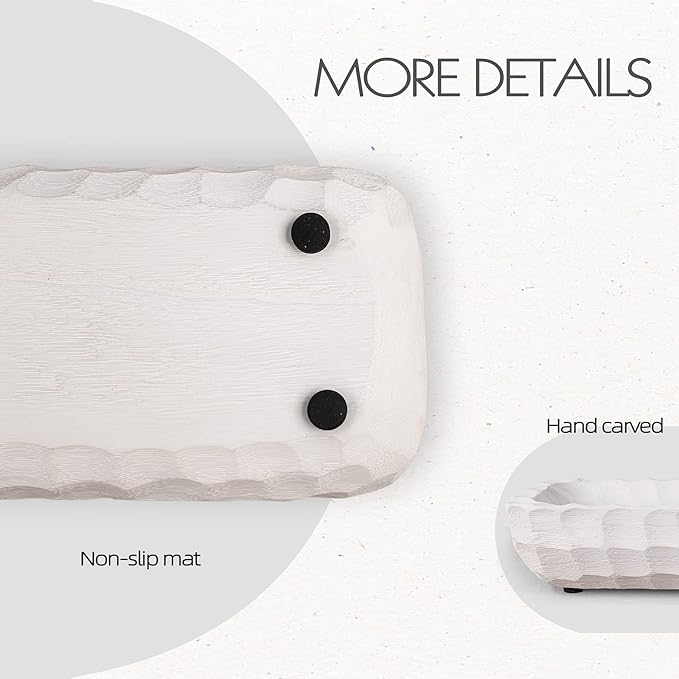 Decorative Bowl for Home Decor, Long Dough Bowl with Hand Carved Irregular Texture, Unique Table Centerpieces, Wooden Home Decor Accents for Farmhouse Boho Rustic Style(16.1"x 5.5" Washed White)