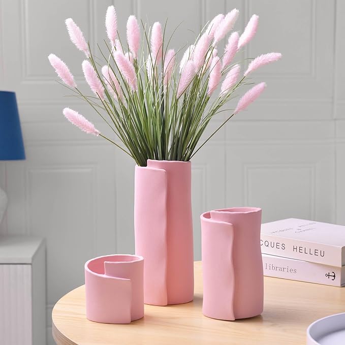 Pointnio Pink Ceramic Flower Vase Set of 3,Small Origami Flower Vases for Room Decor,Modern Boho Farmhouse Vase,Decorative Vases for Home Decor,Living Room, Kitchen, Bedroom