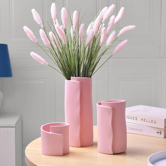 Pointnio Pink Ceramic Flower Vase Set of 3,Small Origami Flower Vases for Room Decor,Modern Boho Farmhouse Vase,Decorative Vases for Home Decor,Living Room, Kitchen, Bedroom