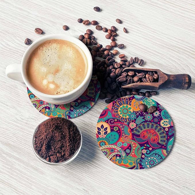 Colorful Floral Coasters for Drinks Exotic Paisley Curly Ethnic Fantastic Artistic Stylized Flowers for Tabletop Protection Coffee Table Living Room Kitchen Office Home Decor 2 Pcs,4 Inch