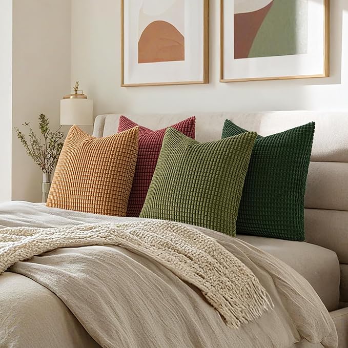 MIULEE Modern Farmhouse Decorative Pillow Covers 18x18 Inch Set of 4 Natural Rustic Throw Pillows Neutral Warm Soft Corduroy Couch Pillowcases Home Decor for Sofa Living Room Bed Christmas Green
