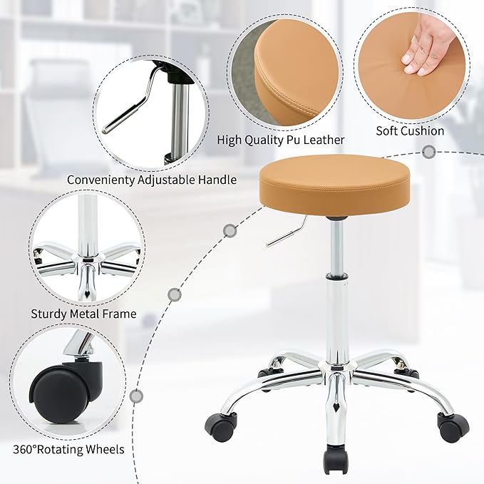 Office Desk Chair, Adjustable Swivel Rolling Stool 19.5’’-26.6’’,Camel Brown Desk Stool with Wheels (Camel Brown)
