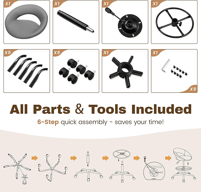 Drafting Chair for Standing Desk, Height Adjustable Rolling Stool with Backrest & Footrest, Tall 360° Swivel PU Leather Stool Chair with Wheels for Office, Gray