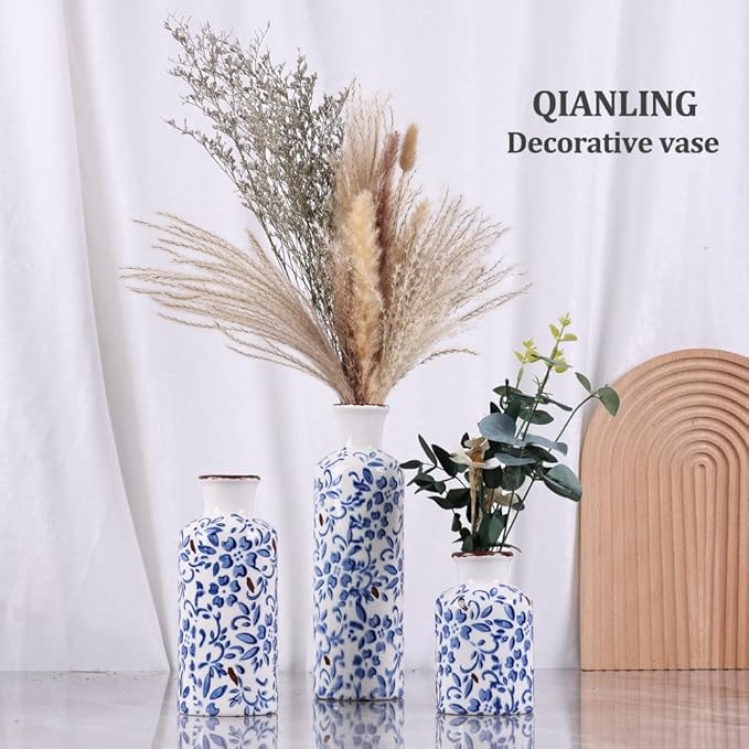 Chinoiserie Decor Ceramic Vases Set - 3 Blue and White Vase, Chinoiserie Vase Farmhouse Country, Flower Vases Home Decor, Living Room Decoration, Entrance, Fireplace, Table Decoration, Centerpieces