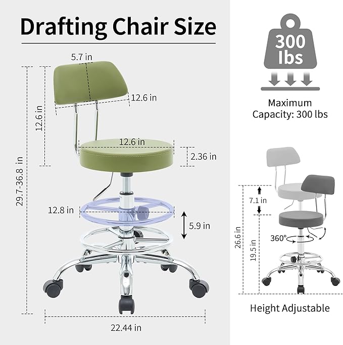 Drafting Chair (Work Stool with Back)(Swivel Shop Stool 19.5"-26.6") Adjustable Height and Footrest Ergonomic Office Chair (Green)