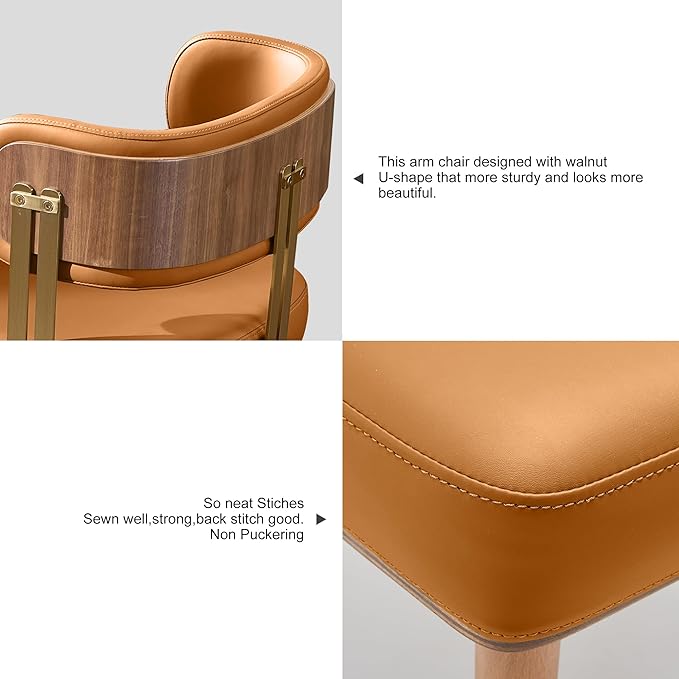 Modern Mid-Century Upholstered Leather Dining Chairs Set of 2 with Thick High-Resilience Foam, Walnut Wood Veneer,Dining Chairs with Anti-Slip Pads,Cinnamon Orange