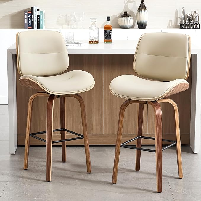 Mid Century Modern Bar Stools Set of 1, 29.5'' Bar Height Swivel Stools with Bentwood Legs, Faux Leather Upholstered Bar Chairs with Footrest for Kitchen Island & Countertops, Beige