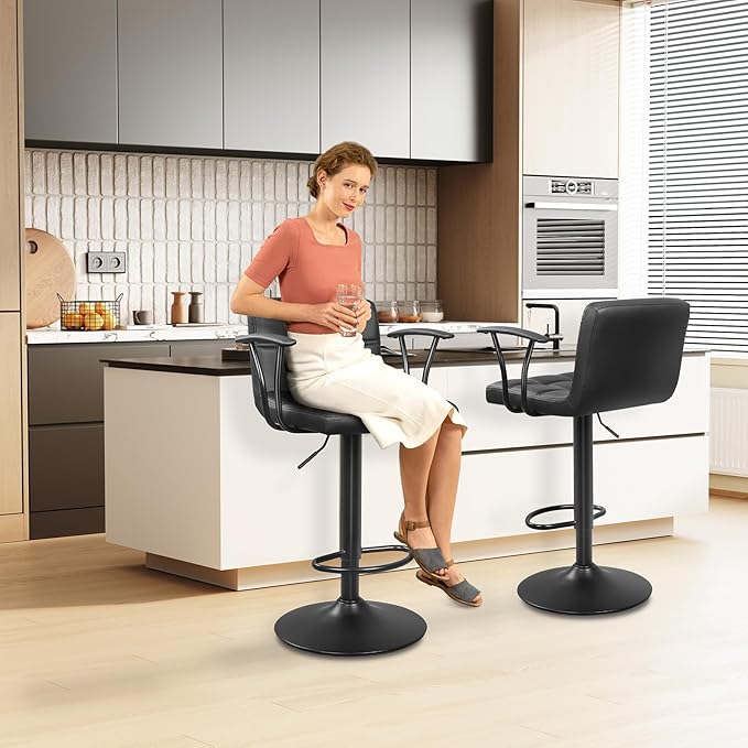 Bar Stools Set of 2, Armrest Adjustable Swivel Barstools with Back, Double Needle PU Leather Counter Height Chairs for Kitchen lsland (Black)