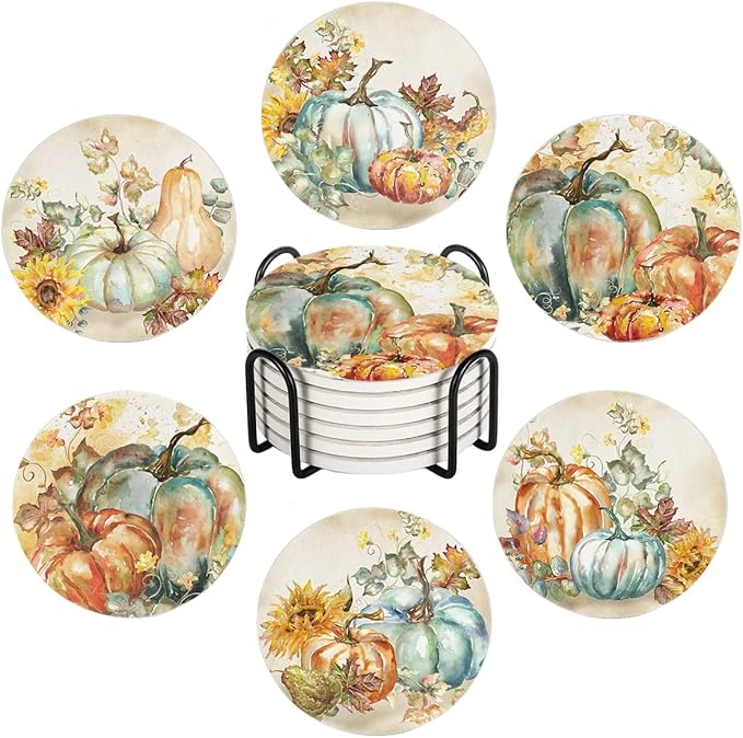 Fall Drink Absorbent Coasters with Holder Set of 6, Ceramic Stone with Cork Base, Watercolor Vintage Orange Pumpkin and Sunflowers Coaster for Drinks, Gift for Housewarming Room Bar Home Decor Kitchen