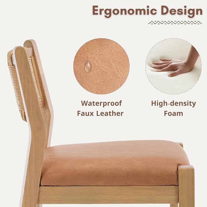 CIMOTA Rattan Counter Height Bar Stools Set of 4, 26" Farmhouse Barstools with Woven Backs, Boho Wood Bar Chairs Leather Upholstered Counter Stools for Kitchen Island/Counter/Bar, PU Brown