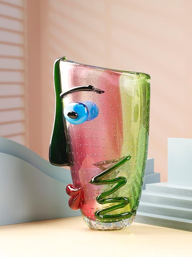 Yao Yuan Hand Blown Murano Style Art Glass Vase with face, Multicolor, 14.57in Tall