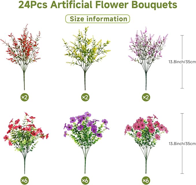 SHareconn 24 Bundles Artificial Flowers for Outdoors Decoration, Faux Plants Fake Silk Colorful Daisy Eucalyptus Lavender, UV Resistant for Outside Planters Home Porch Patio Indoor Spring,Mix 3 Colors