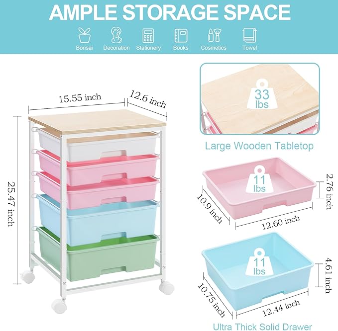Utility Cart with 5 Drawers,Storage Drawer Cart with Wooden Tabletop and Lockable Wheels,Craft Storage Trolley Cart,5-Tier Rolling Utility Cart on Wheels,Rainbow