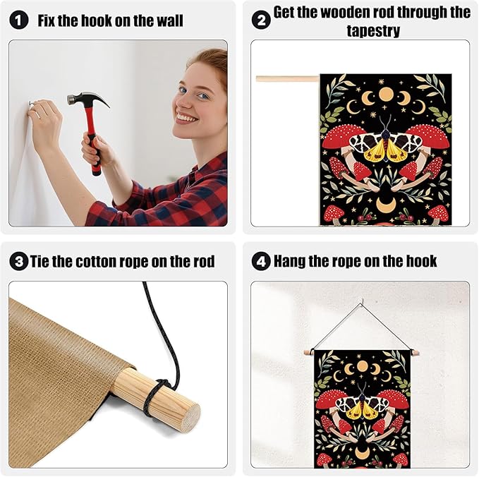 Mystical Long Tapestry Vertical Wall Hanging Cute Botanical Mushroom Moth Butterfly Bohemian Tapestry for Bedroom Aesthetic Moon Phase Plant Wall Tapestries with Tassels Black Room Decor 13x51 Inches