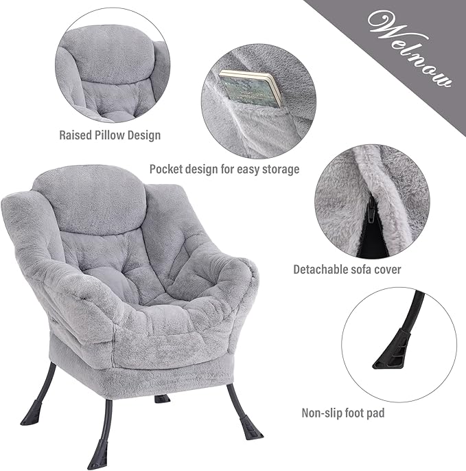 Welnow Lazy Chair with Ottoman, Modern Lounge Accent Chair with Armrests and a Side Pocket, Leisure Sofa Armchair, Reading Armchair with Footrest for Small Space, Plush Grey