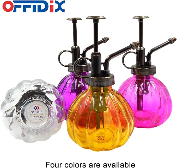 OFFIDIX Glass Watering Spray Bottle, 6.3" Tall Vintage Style Plant Mister with Bronze Plastic Top Pump One Hand Watering Can Glass Spary Bottle (Dark Purple)