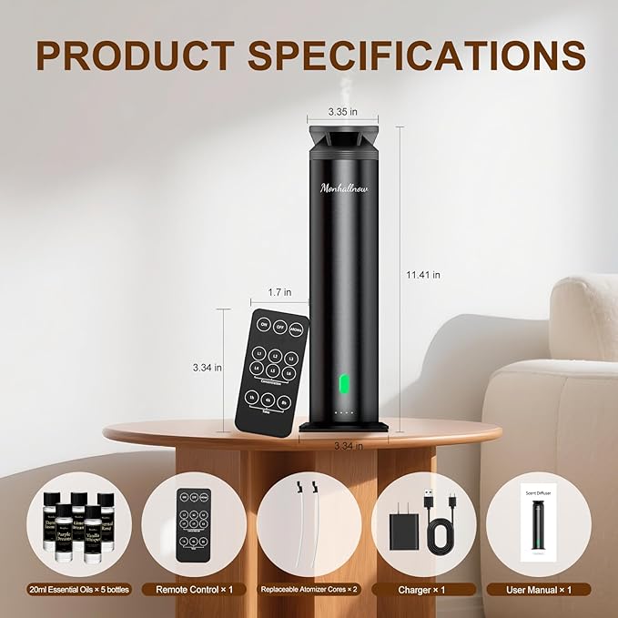 Waterless Scent Diffuser Starter Kit - 1000 Sq Ft Coverage, Premium Essential Oil Diffuser for Home, Hotel & Office, 5 Essential Oils Included, Remote Control, Black