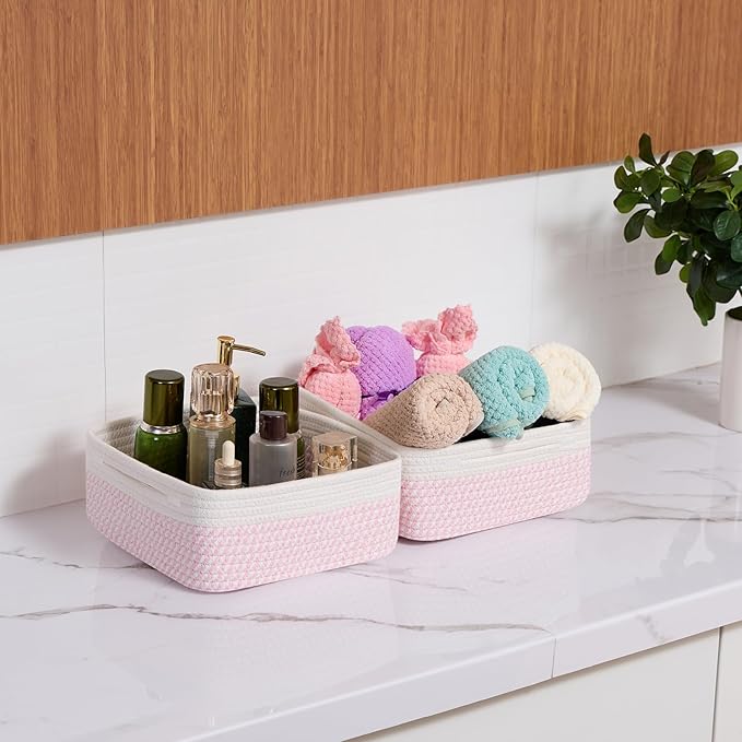 Small Square Shallow Baskets for Organizing, 9.7x9.7x4.3 Inch Rope Woven Storage Bins for Cubes Closet, Shelves Storage, Boho Decorative Basket, 2 Packs Off White Pink