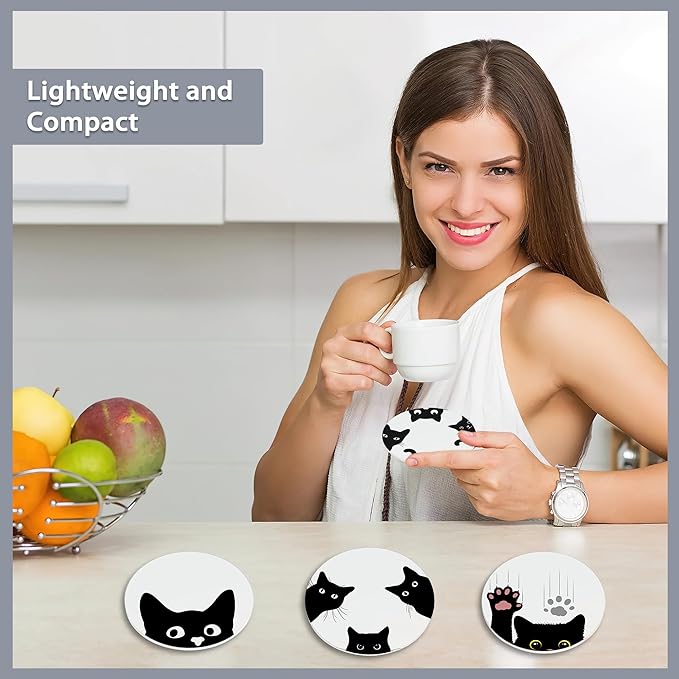 Drink Coasters Set of 6 with Holder,Cute Black Cat Absorbent Ceramic Coasters with Cork Base,Fit All Cups,Tabletop Protection Mat for Mugs and Cups,Office,Kitchen